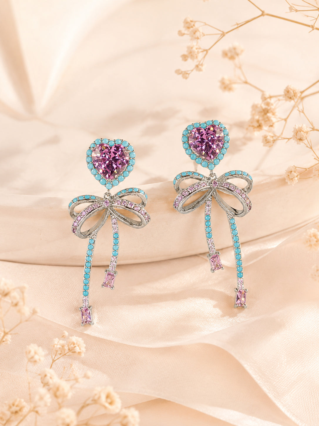 Aanura Pink Heart & Bow Crystal Drop Earrings