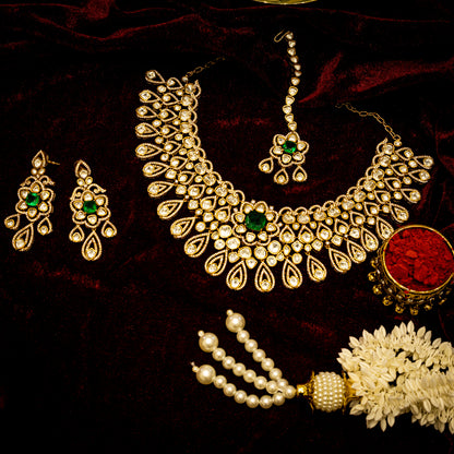 Aanura Bridal Emerald Kundan Necklace with Tikka Set