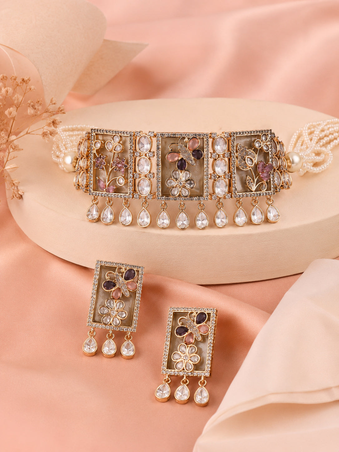 Aanura Floral Panel Choker Necklace Set