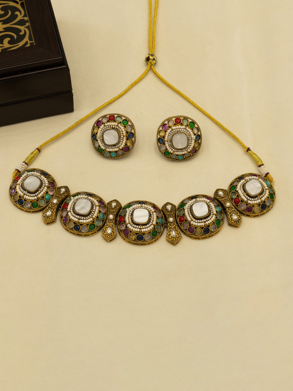 Aanura Navratna Choker Necklace with Green Center Stones