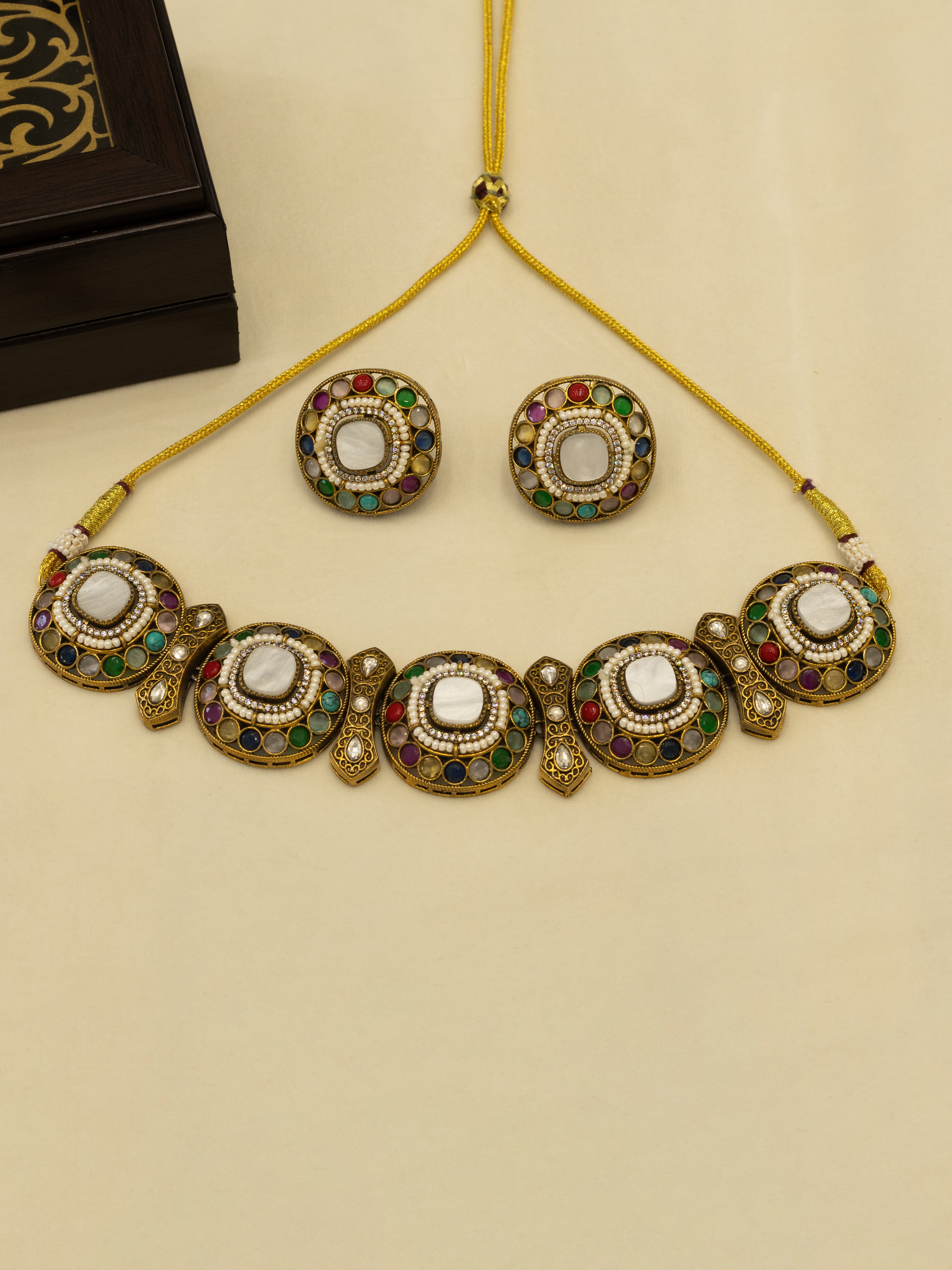 Aanura Navratna Choker Necklace with Green Center Stones