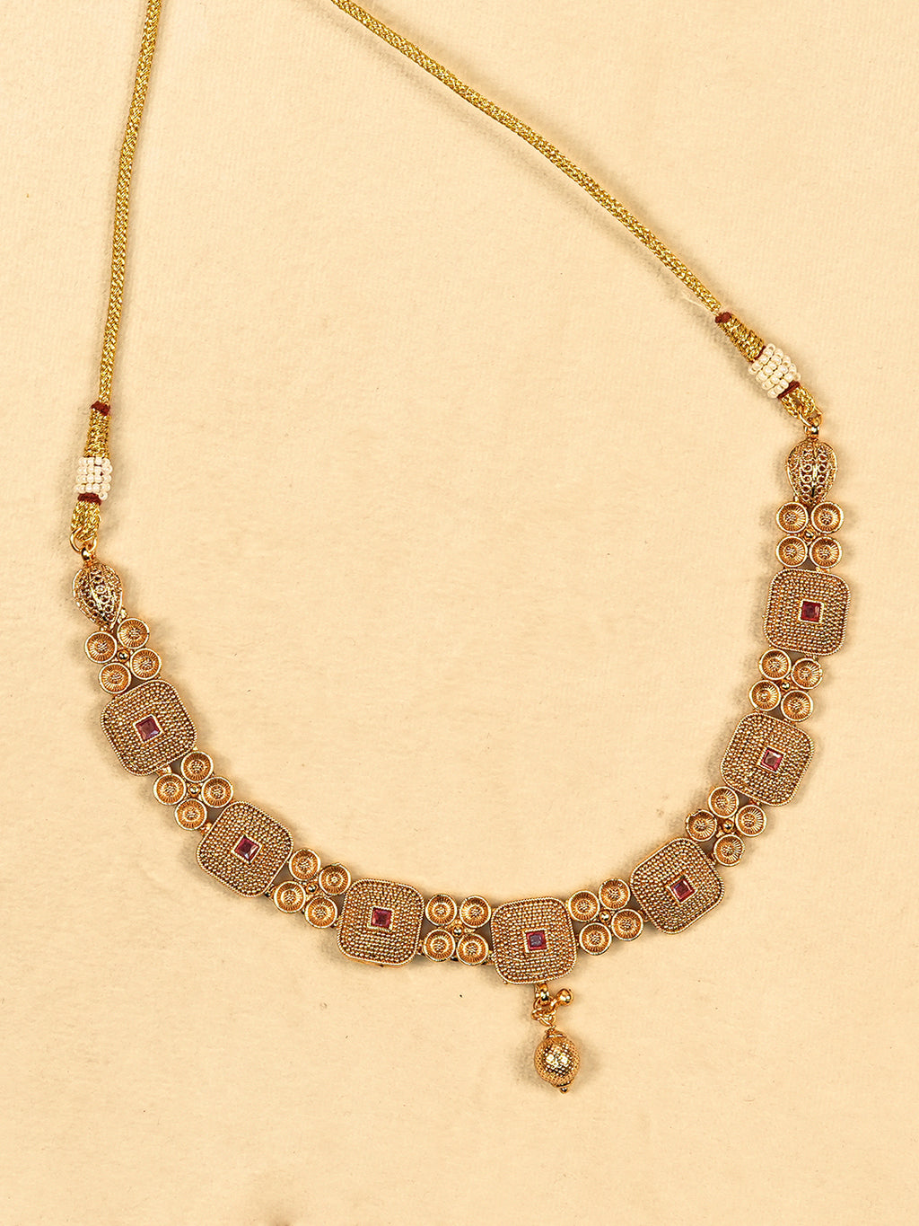 Aanura Gold Plated Ruby Grid Necklace Set