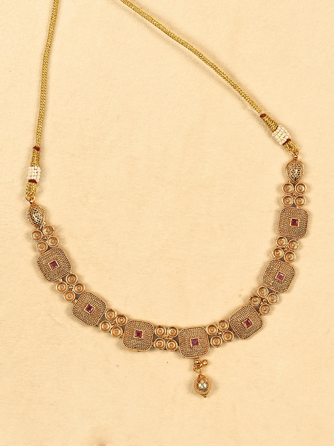 Aanura Gold Plated Ruby Grid Necklace Set
