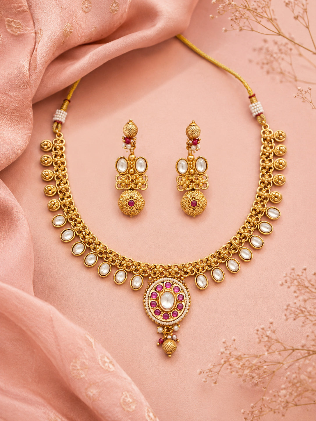 Aanura Ruby Beaded Kundan Necklace with Earrings