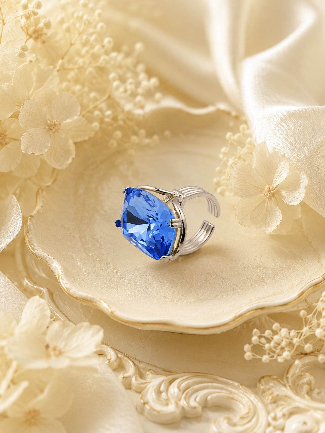 Rhodium Plated Blue Crystal Statement Ring