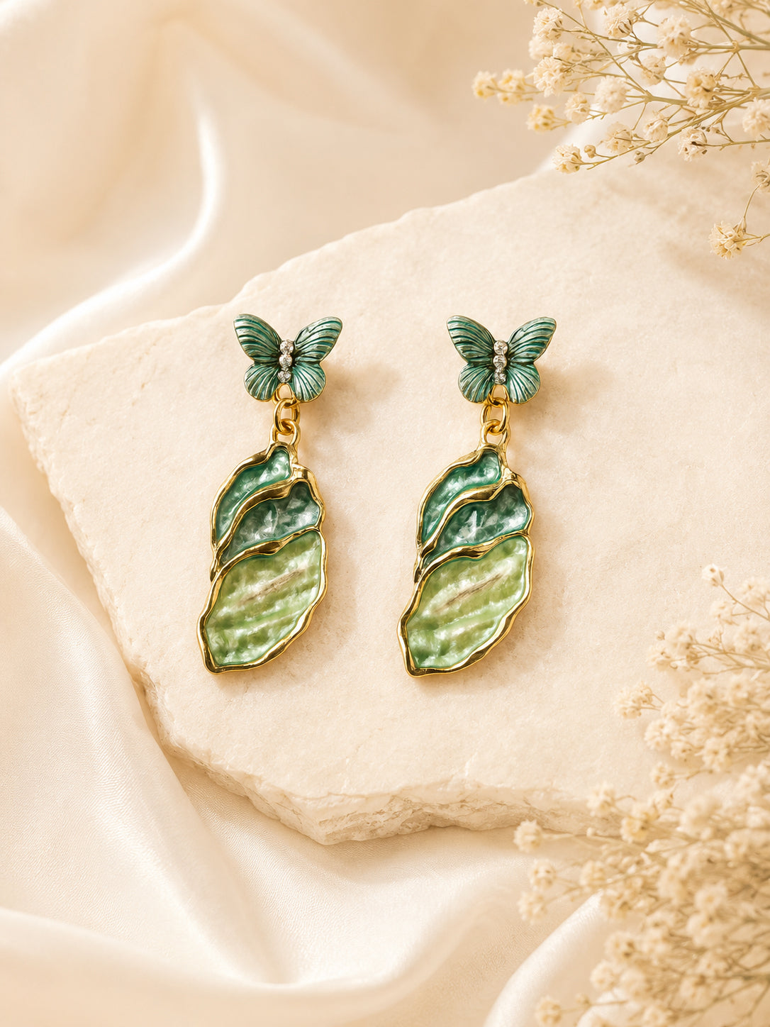 Aanura Green Butterfly Enamel Drop Earrings