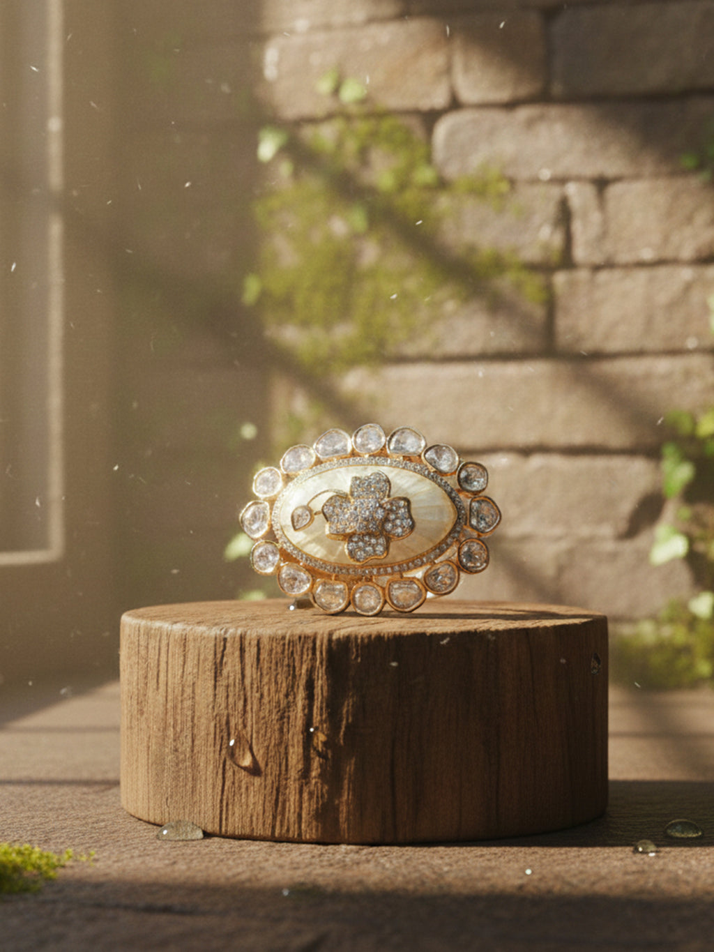 Aanura Gold-Plated Floral Oval Ring with Stones