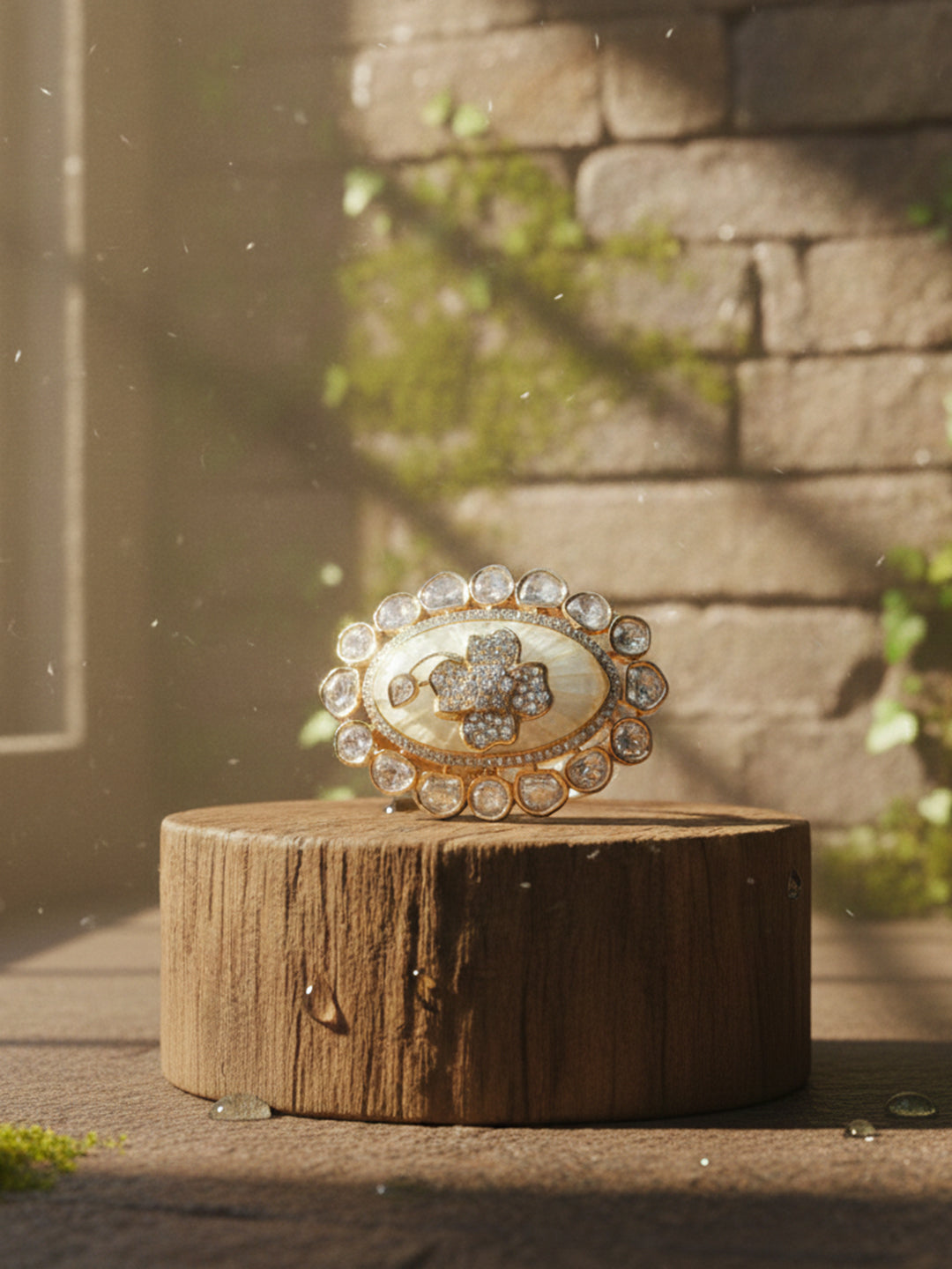 Aanura Gold-Plated Floral Oval Ring with Stones