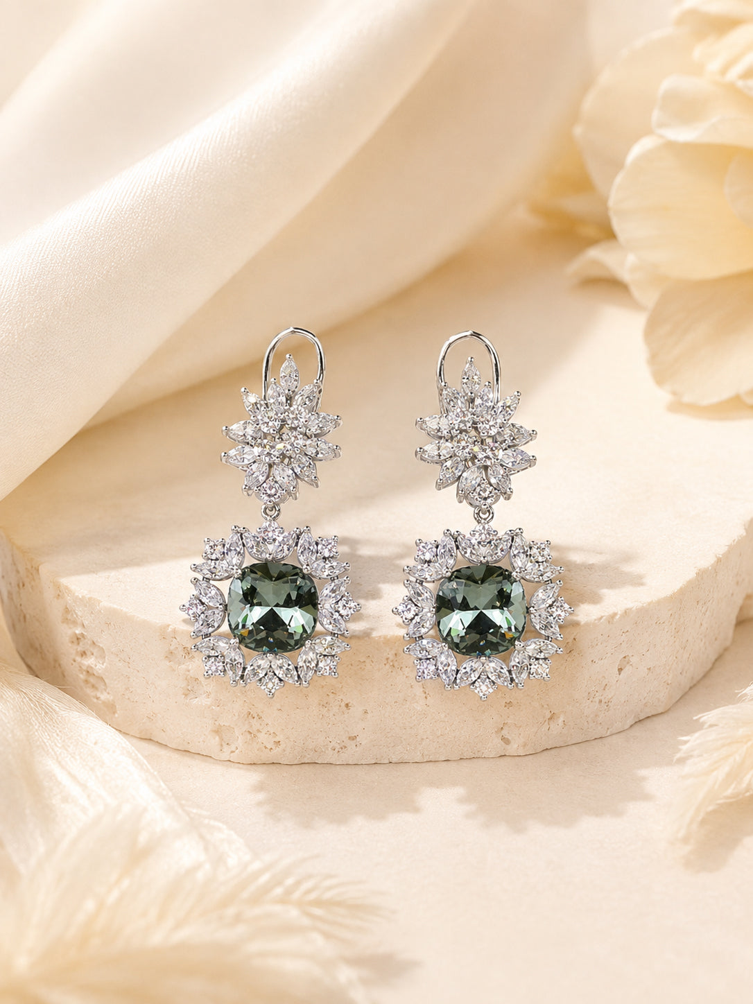 Aanura Silver Green Crystal Halo Drop Earrings