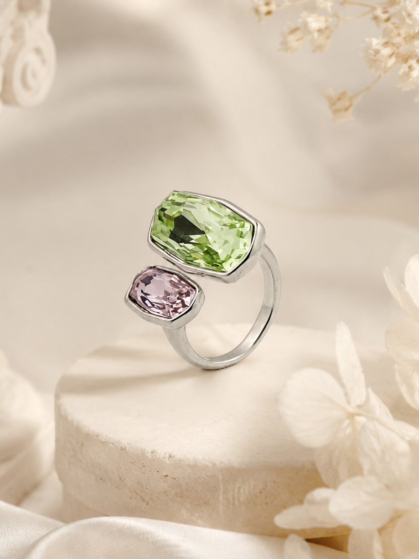 Rhodium Plated Green & Pink Double Crystal Open Ring