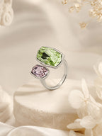 Rhodium Plated Green & Pink Double Crystal Open Ring