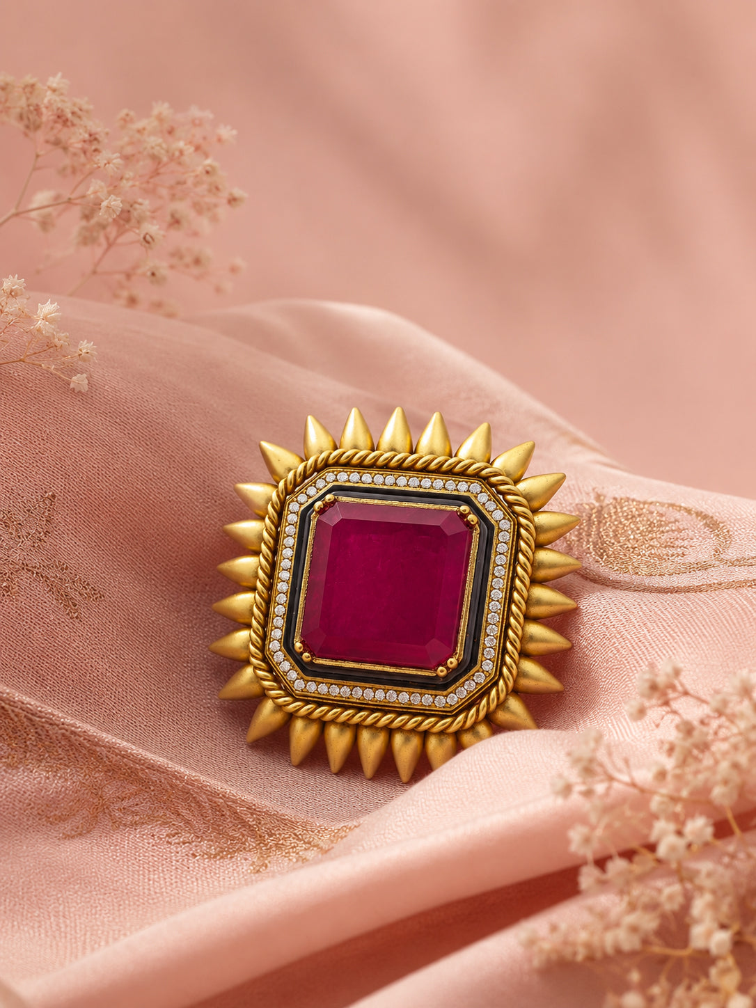 Aanura Gold-Plated Square Green Stone Statement Ring