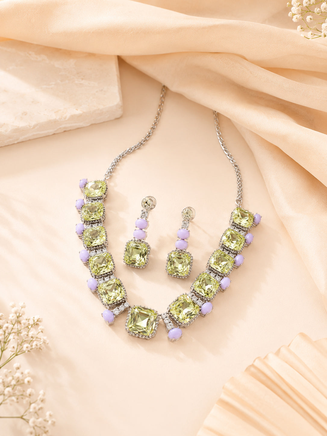 Aanura Multicolor Square Crystal Necklace Set Stainless