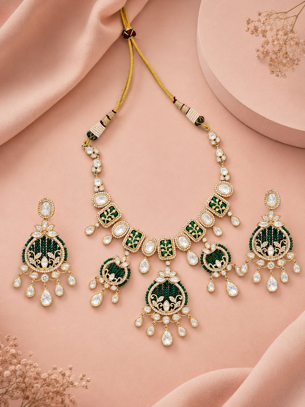 Aanura Green Beaded Kundan Necklace & Earrings Set