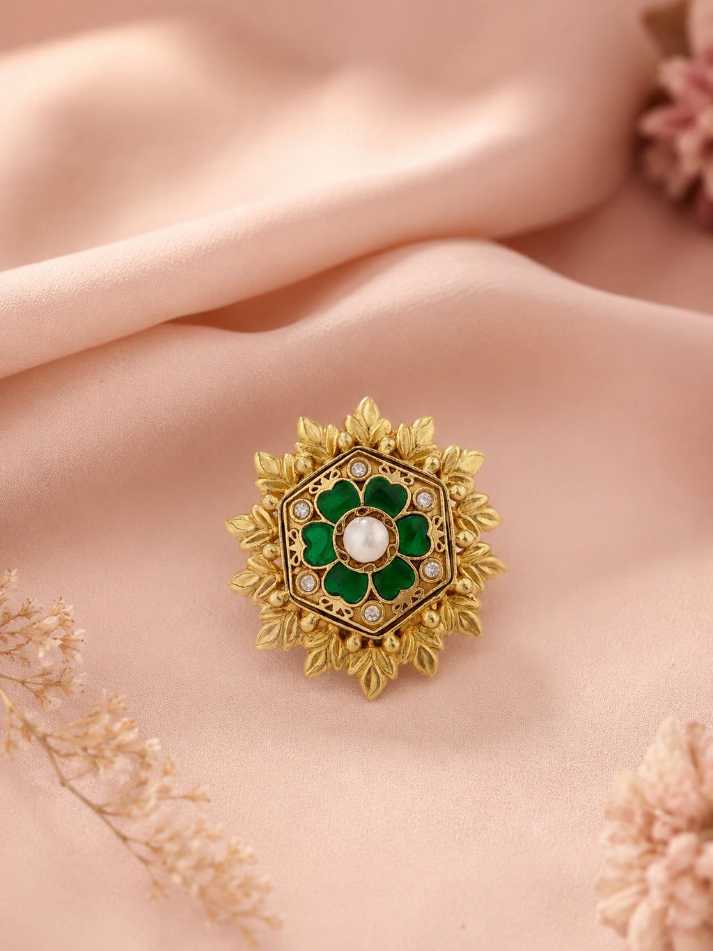 Aanura Gold-Plated Hexagon Green Floral Ring