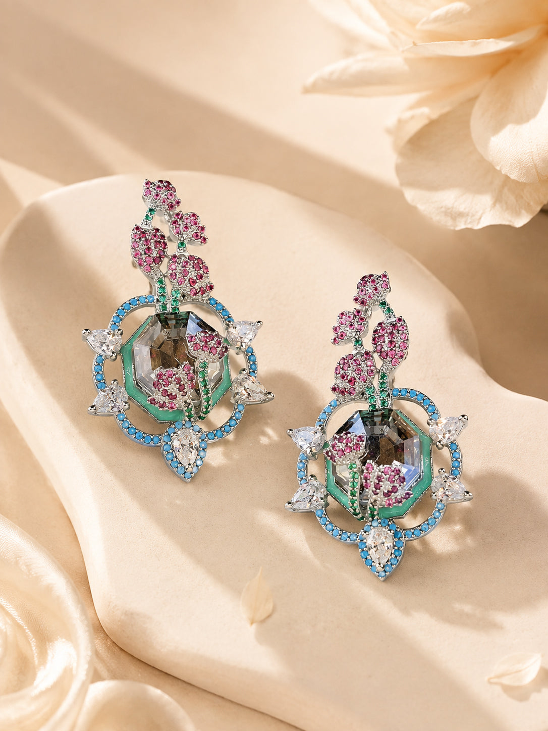 Aanura Floral Pink & Aqua Crystal Drop Earrings