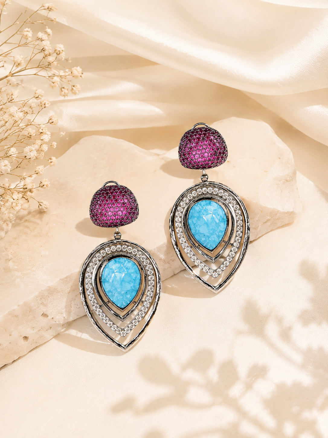 Aanura Blue Teardrop Dual-Tone Dangle Earrings