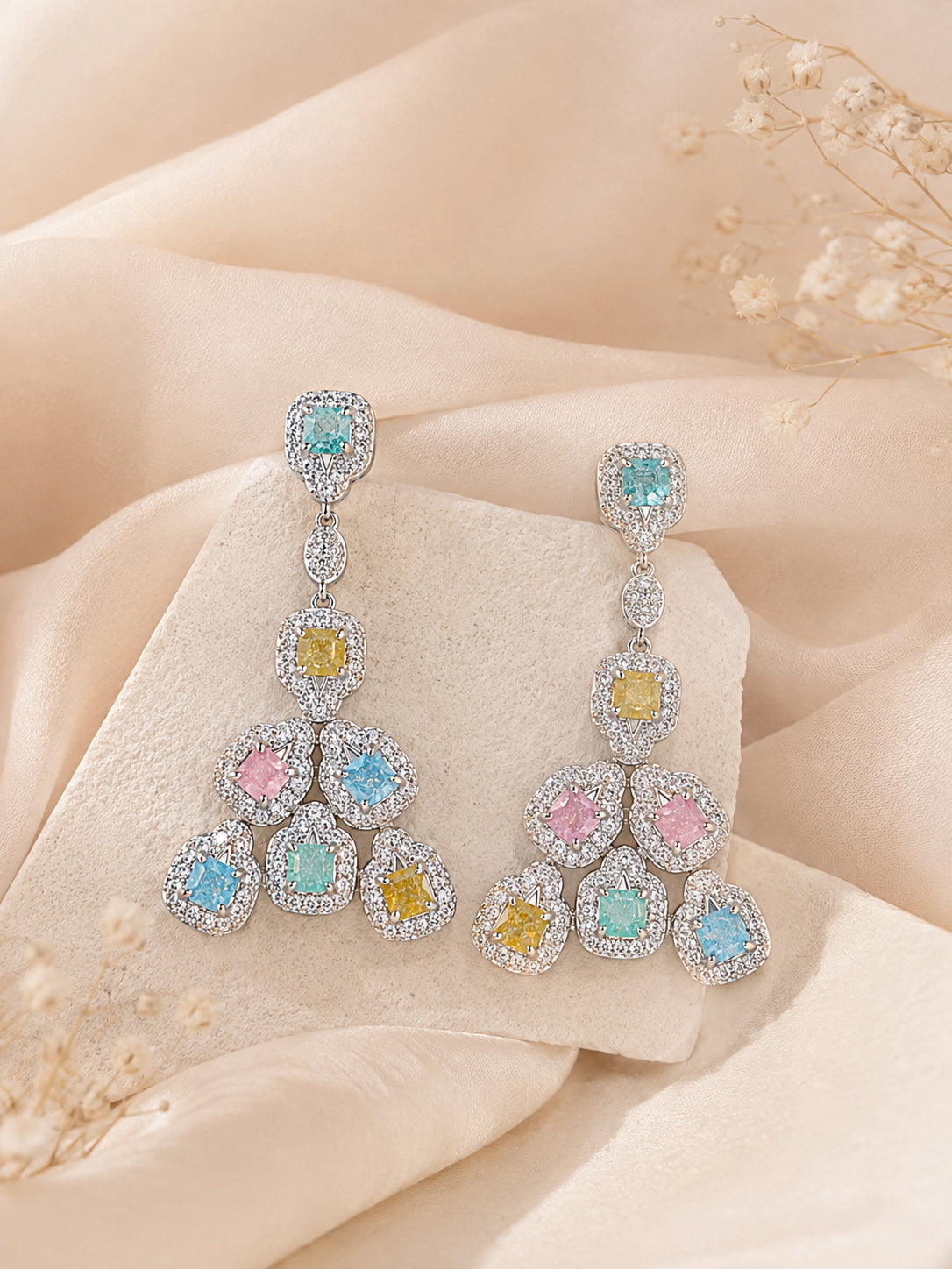 Aanura Silver Ruby Square Chandelier Earrings