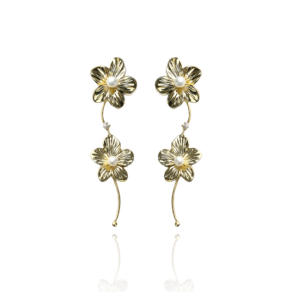 Aanura Pearl Center Floral Long Drop Earrings