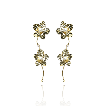 Aanura Pearl Center Floral Long Drop Earrings