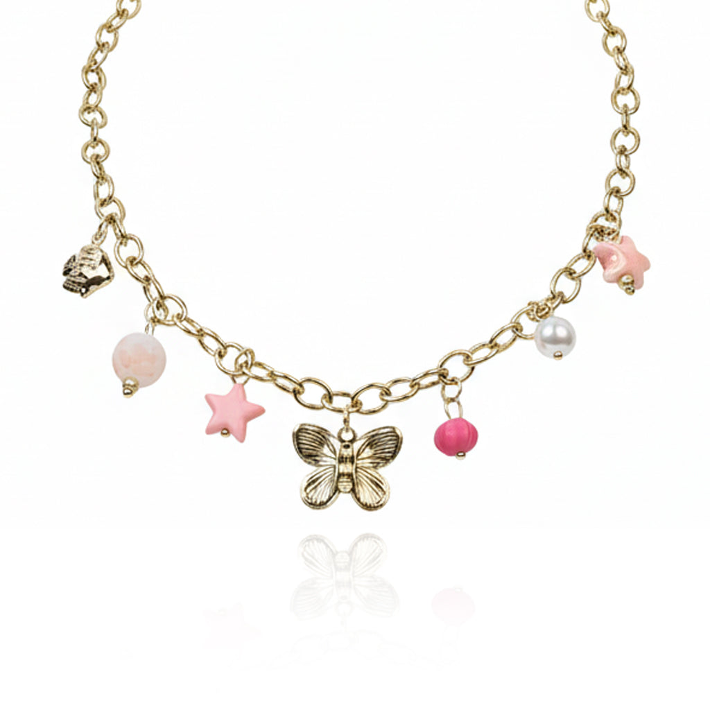 Aanura Gold Charm Necklace with Butterfly & Beads