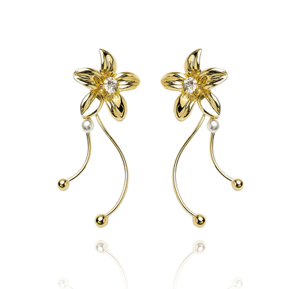 Aanura Crystal Pearl Floral Long Drop Earrings