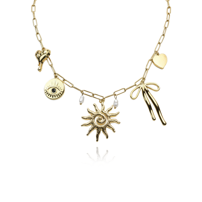 Aanura Gold Charm Necklace with Sun & Heart Pendants