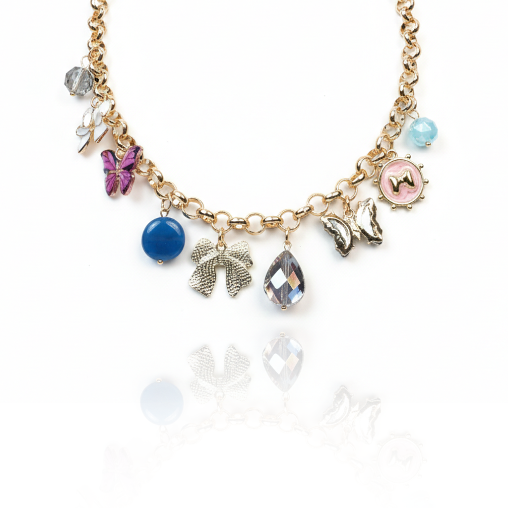Aanura Gold Charm Necklace with Multicolor Pendants