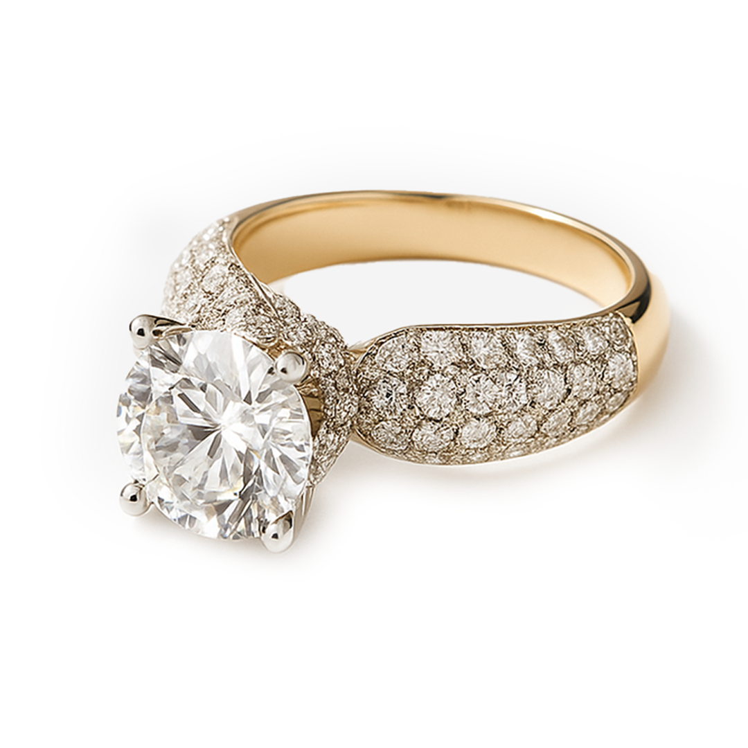 Gold-Plated Pave Band Ring with Brilliant Round Solitaire