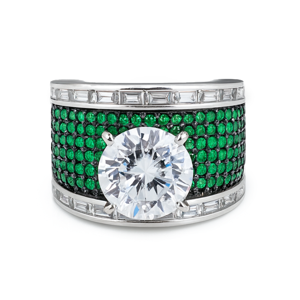 Aanura Silver Wide-Band Emerald Pavé Statement Ring