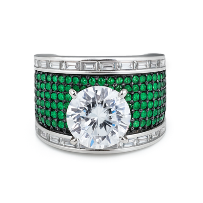 Aanura Silver Wide-Band Emerald Pavé Statement Ring