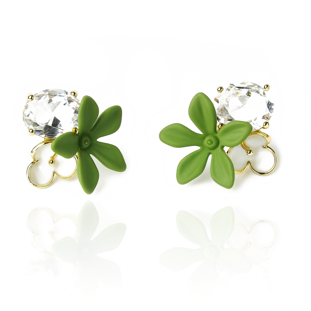 Aanura Green Floral Crystal Stud Earrings