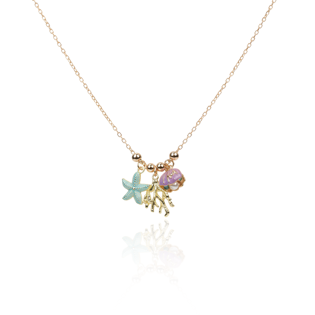 Aanura Ocean Charm Gold Necklace with Starfish, Shell & Coral