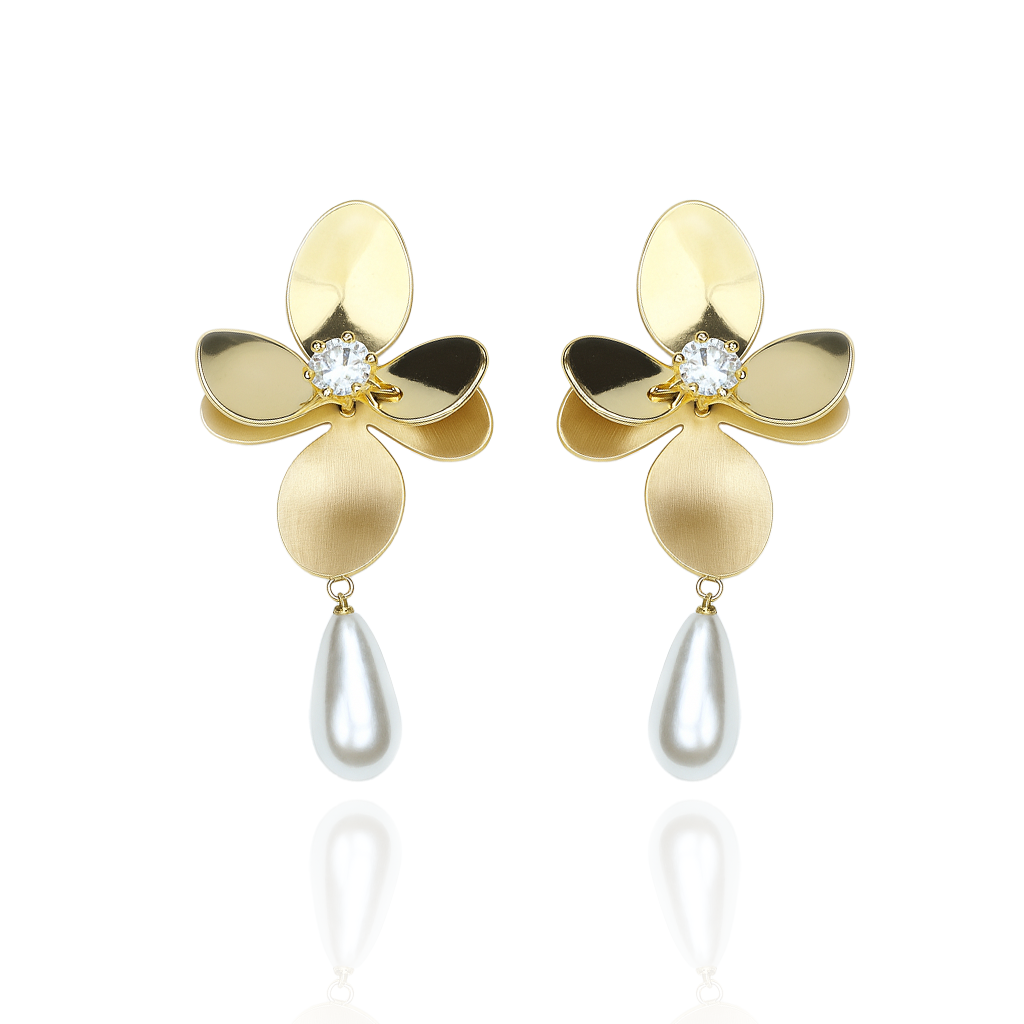 Aanura Pearl Drop Floral Gold Earrings