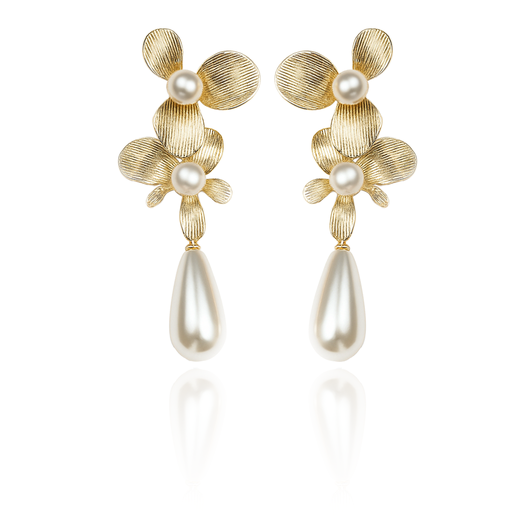 Aanura Floral Pearl Drop Gold Statement Earrings