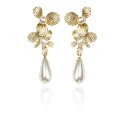 Aanura Floral Pearl Drop Gold Statement Earrings
