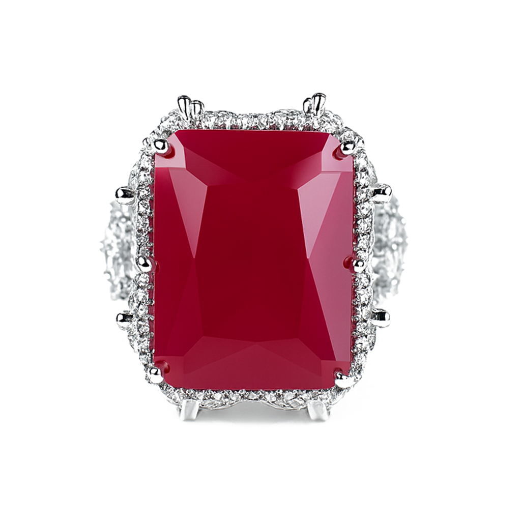 Aanura Silver Ruby-Red Emerald-Cut Cocktail Ring