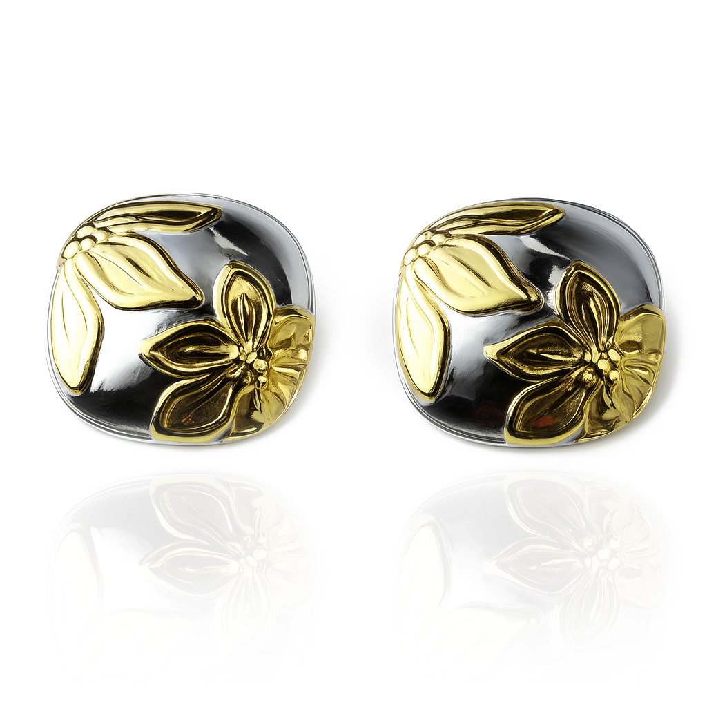 Aanura Dual-Tone Square Floral Stud Earrings