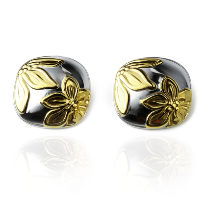 Aanura Dual-Tone Square Floral Stud Earrings