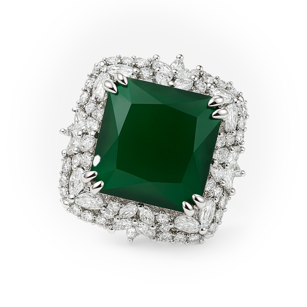 Rhodium Plated Emerald Cocktail Anti-Tarnish Waterproof Ring
