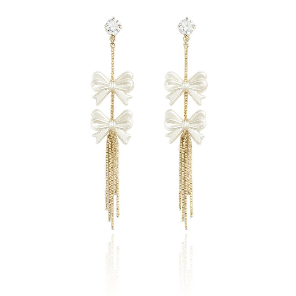 Aanura Pearl Bow Tassel Gold Drop Earrings