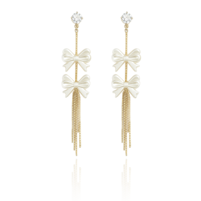 Aanura Pearl Bow Tassel Gold Drop Earrings