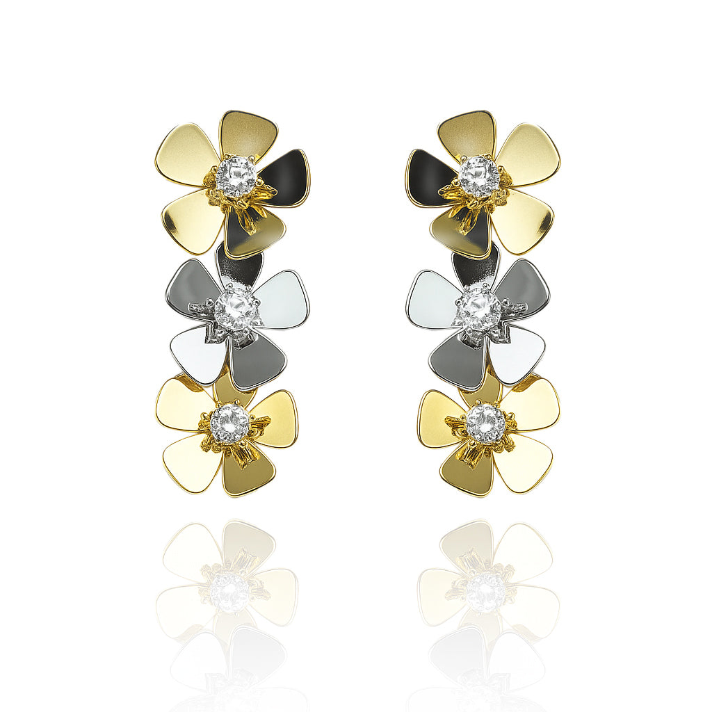 Aanura Dual-Tone Floral Crystal Stud Earrings