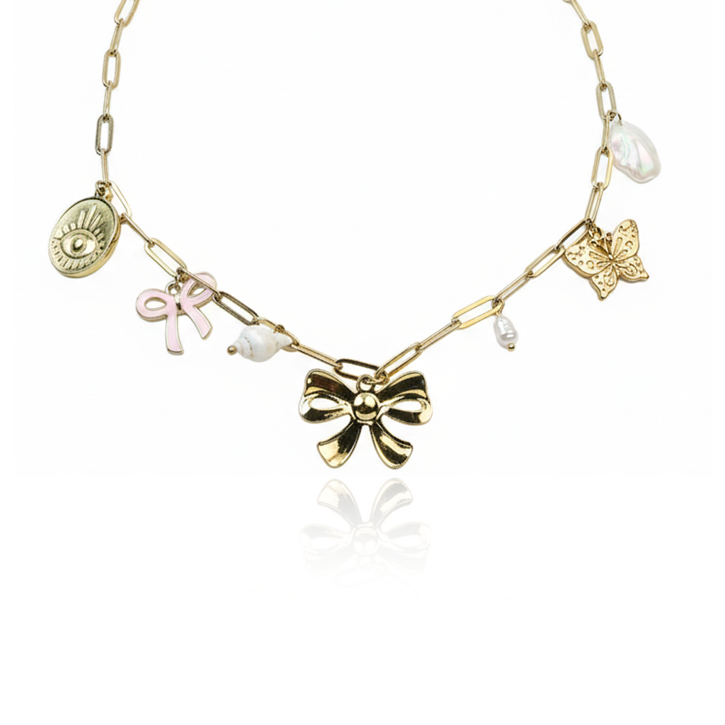 Aanura Gold Charm Necklace with Bow & Butterfly
