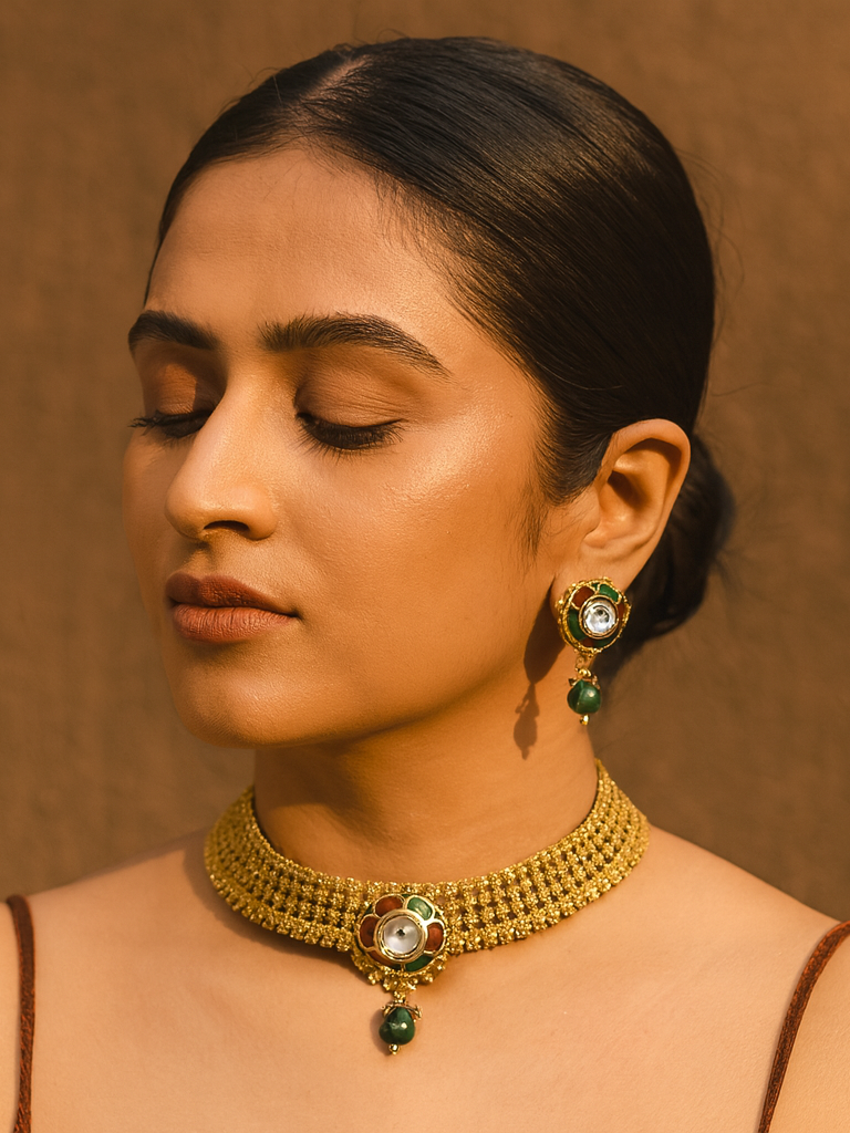 Aanura Elegant Kundan Choker Necklace with Earrings