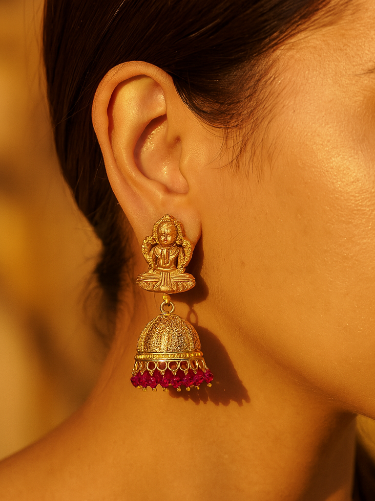 Aanura Temple Earrings with Red Stone Drop