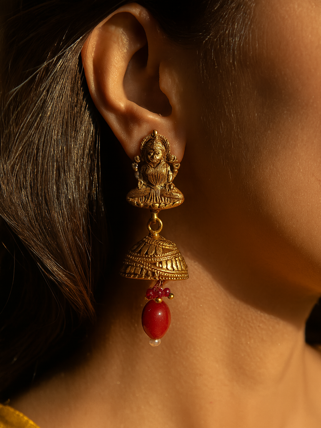 Aanura Temple Earrings with Red Stone Drop