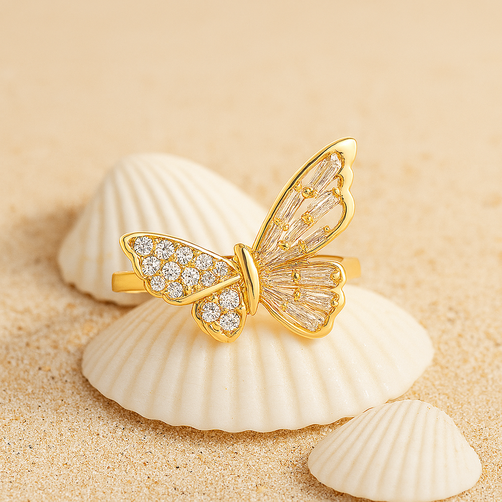Aanura Gold Butterfly Crystal Embellished Statement Ring