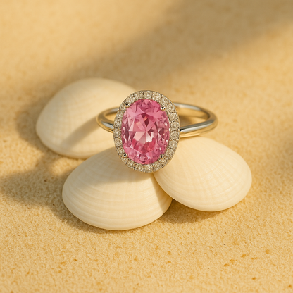 Aanura Oval Pink Halo Silver Ring – Elegant Statement Piece