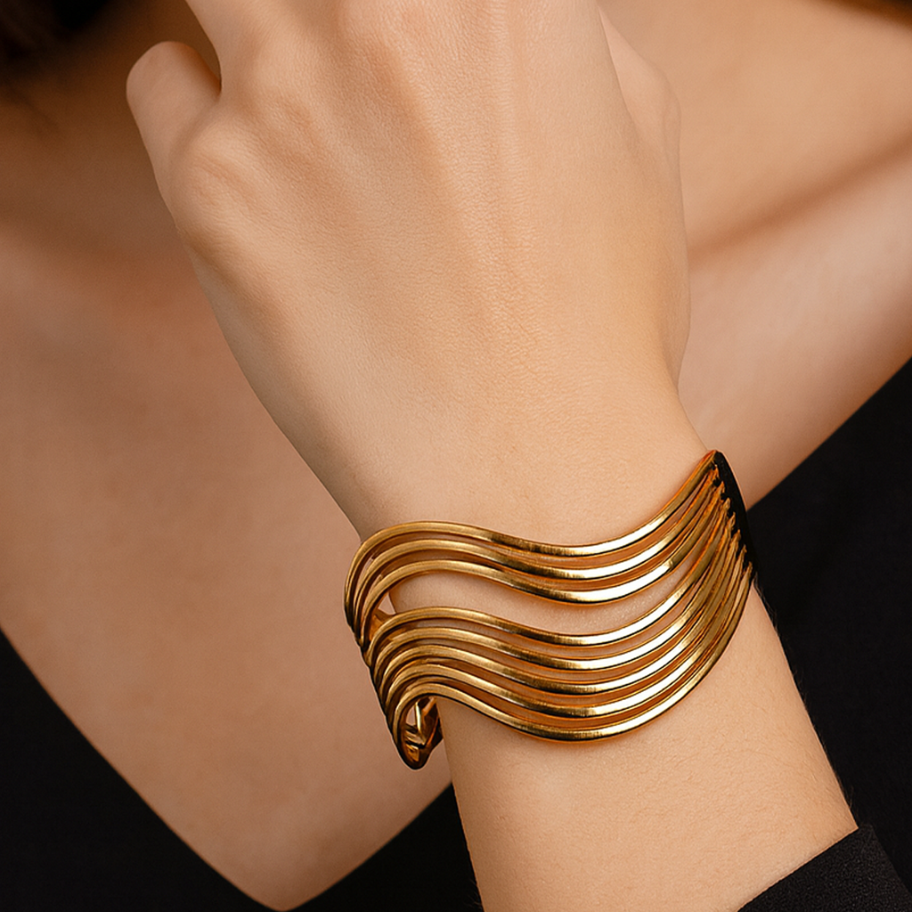Aanura Wave Pattern Gold Cuff Bracelet